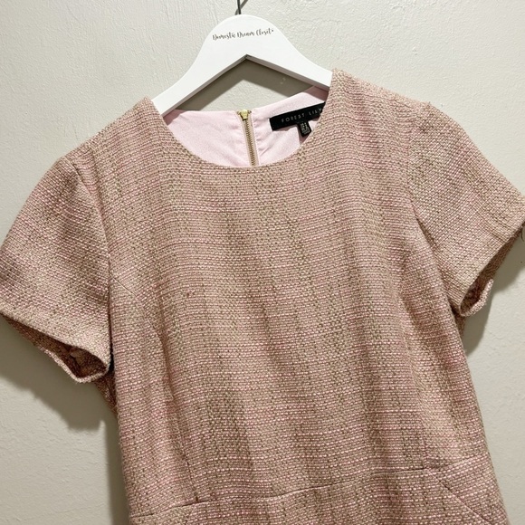 FOREST LILY Women’s Pink Short Sleeve Tweed Dress Fringe Hem Lined Lurex Size 4 - Picture 3 of 10